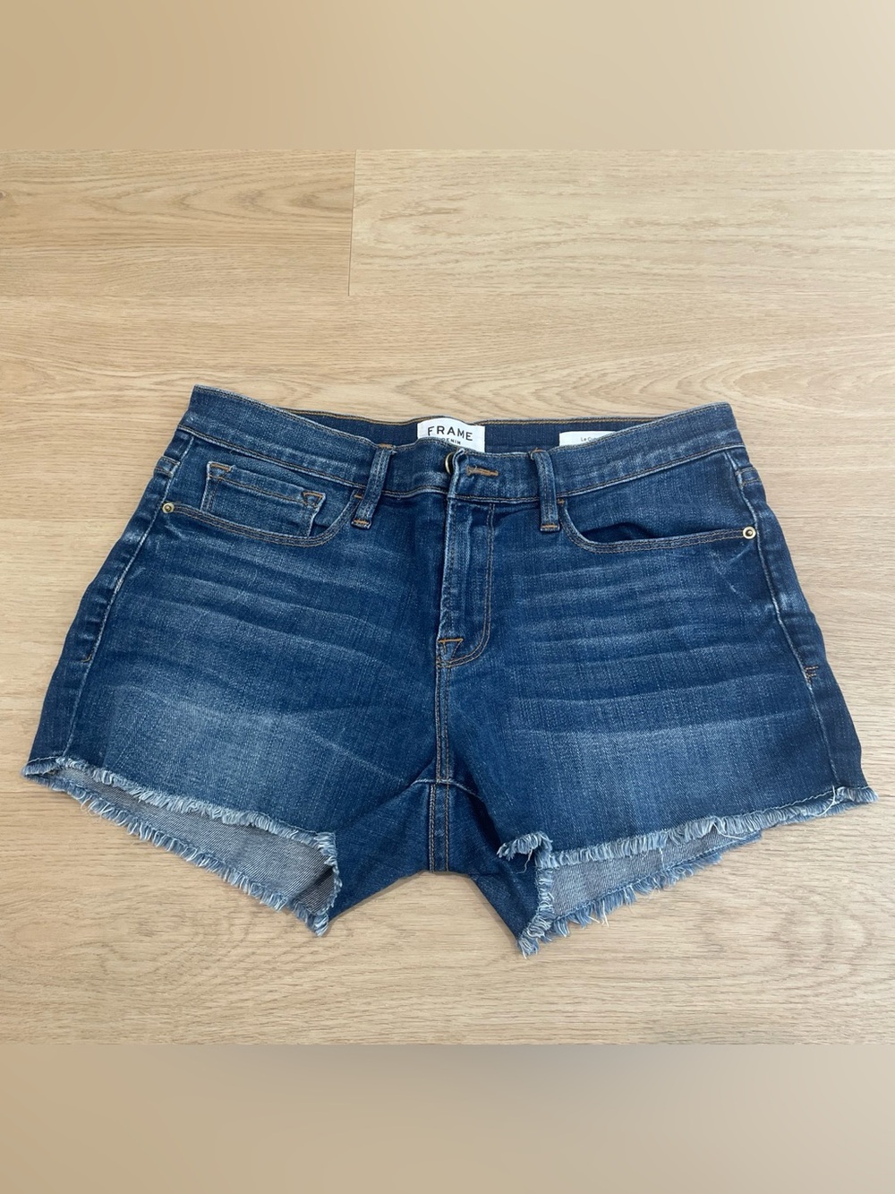 Frame Denim Indigo Frayed Hem Jean Shorts